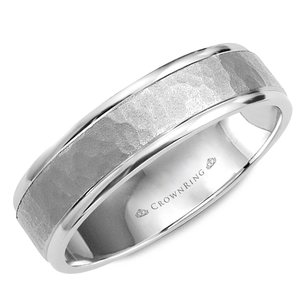 CrownRing White gold wedding band with hammered centre WB-8140