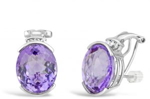 Checkerboard cut amethyst coloured stone gem stone february birthstone with round brilliant cut diamonds in 14k white gold with stud posts and omega backs