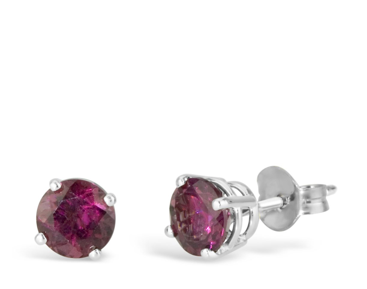Rhodolite coloured stone gem stone pink red stone stud earrings in 14k white gold with butterfly backs