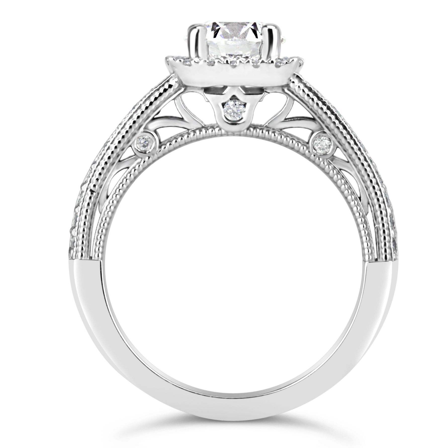 diamond filigree engagement ring with halo and split shank in 14k white gold