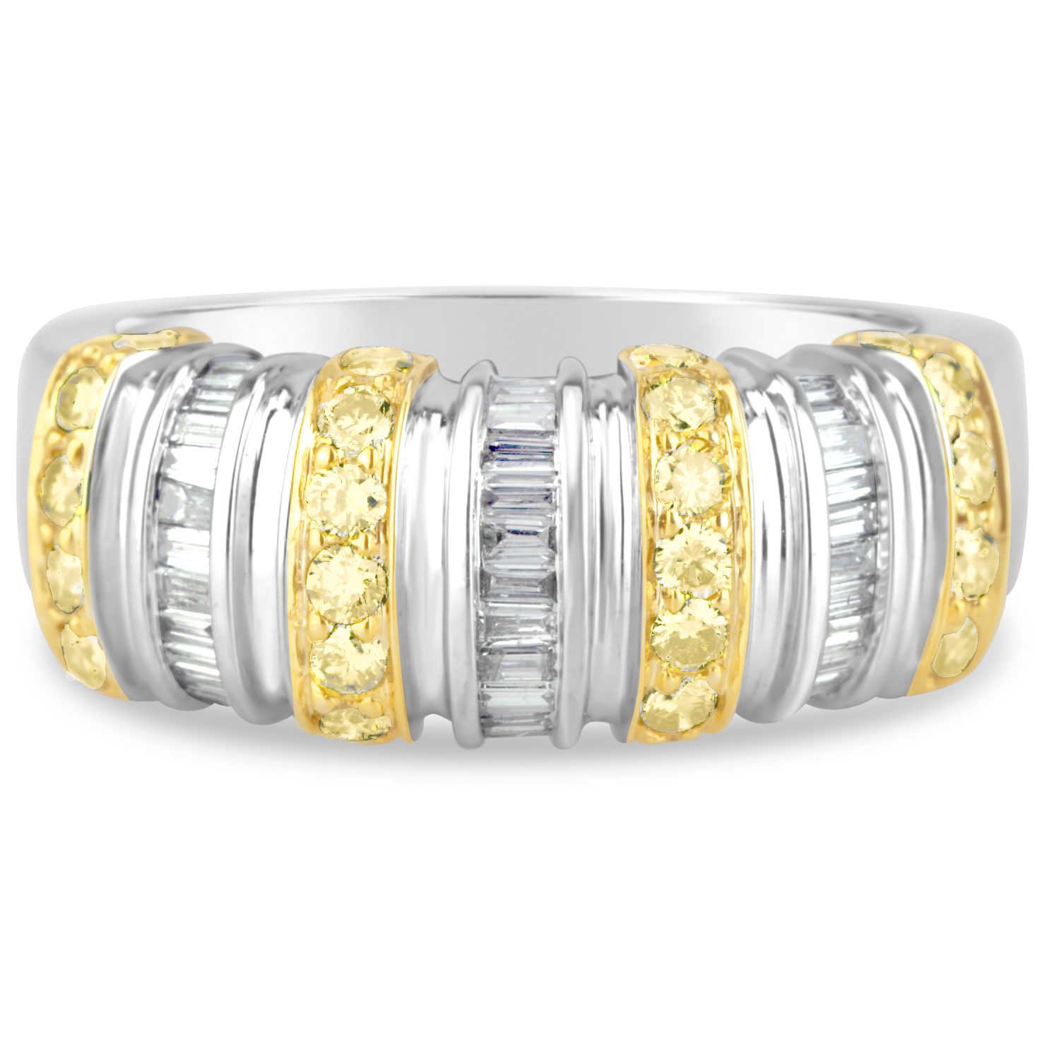 yellow and white diamonds with round and baguette cuts in yellow and white gold anniversary band