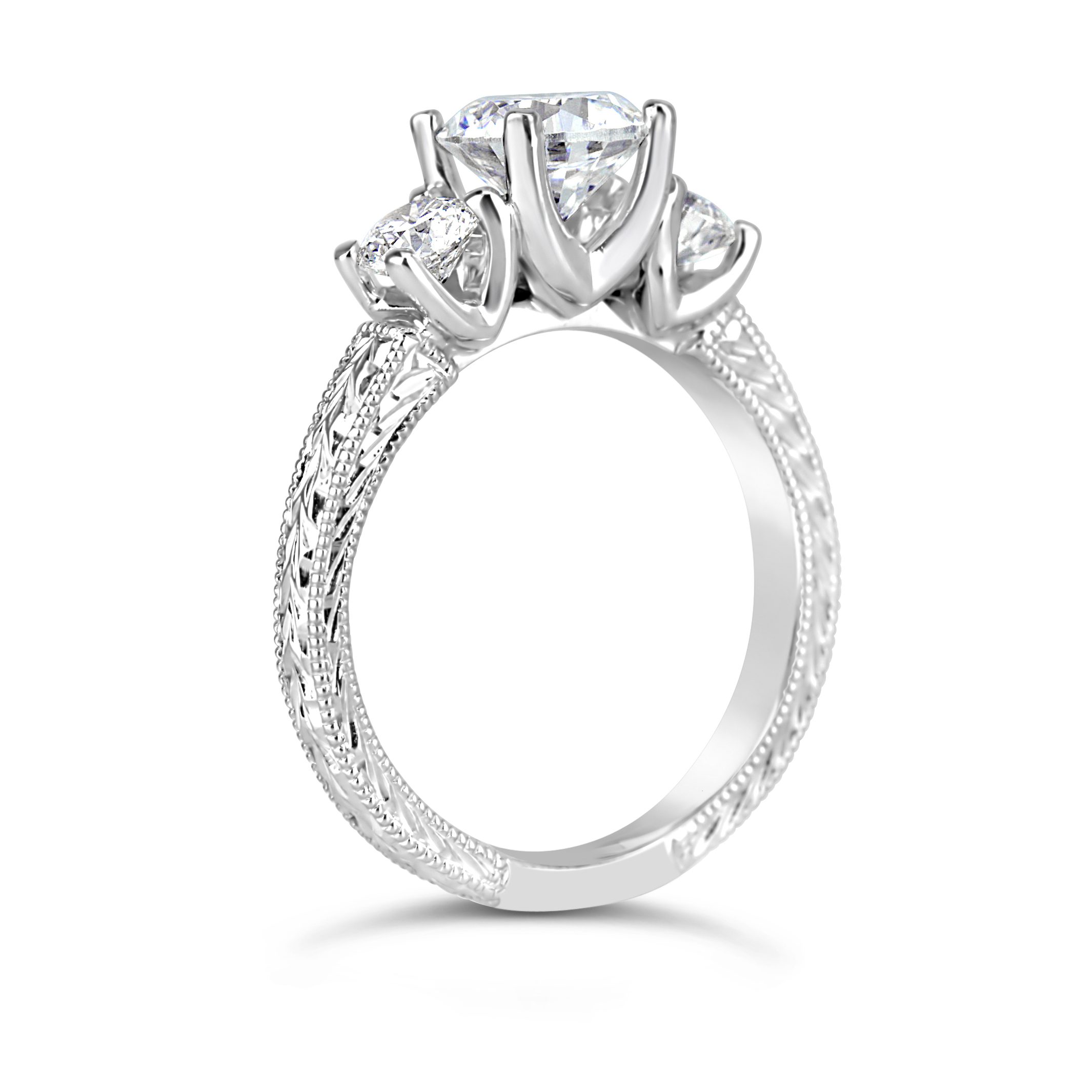 hand engraved three diamond white gold engagement ring