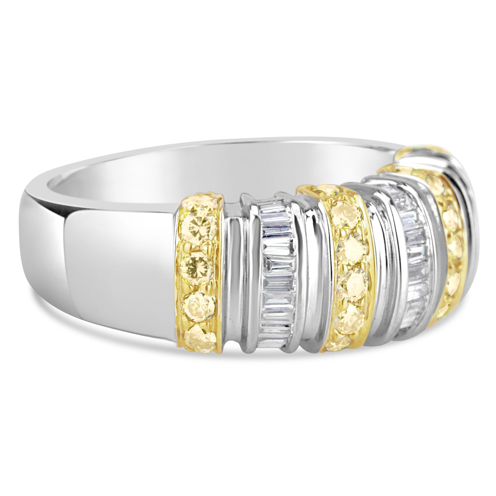 yellow round diamonds and white baguette diamonds in 14k yellow and white gold