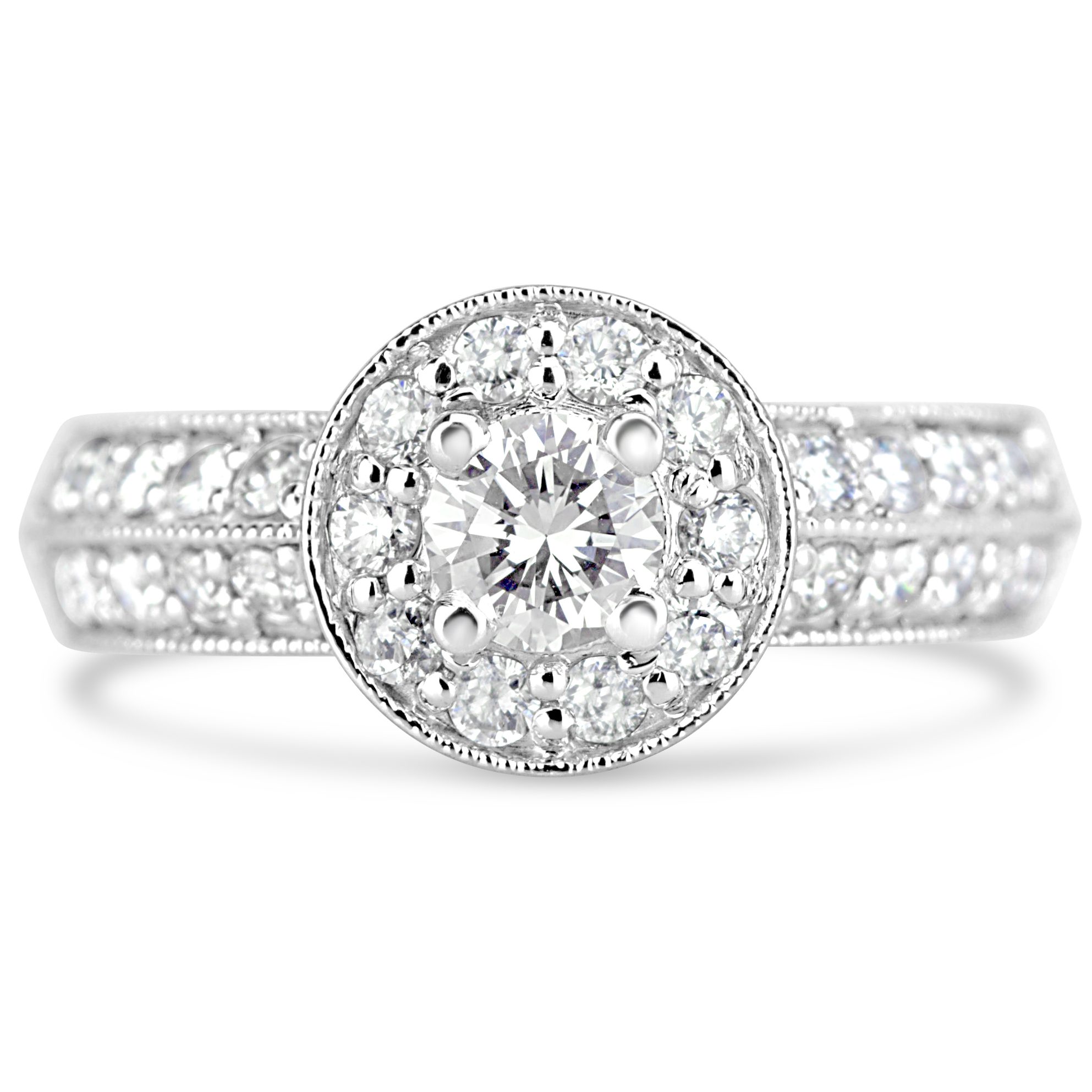 diamond halo engagement ring with double row diamond band