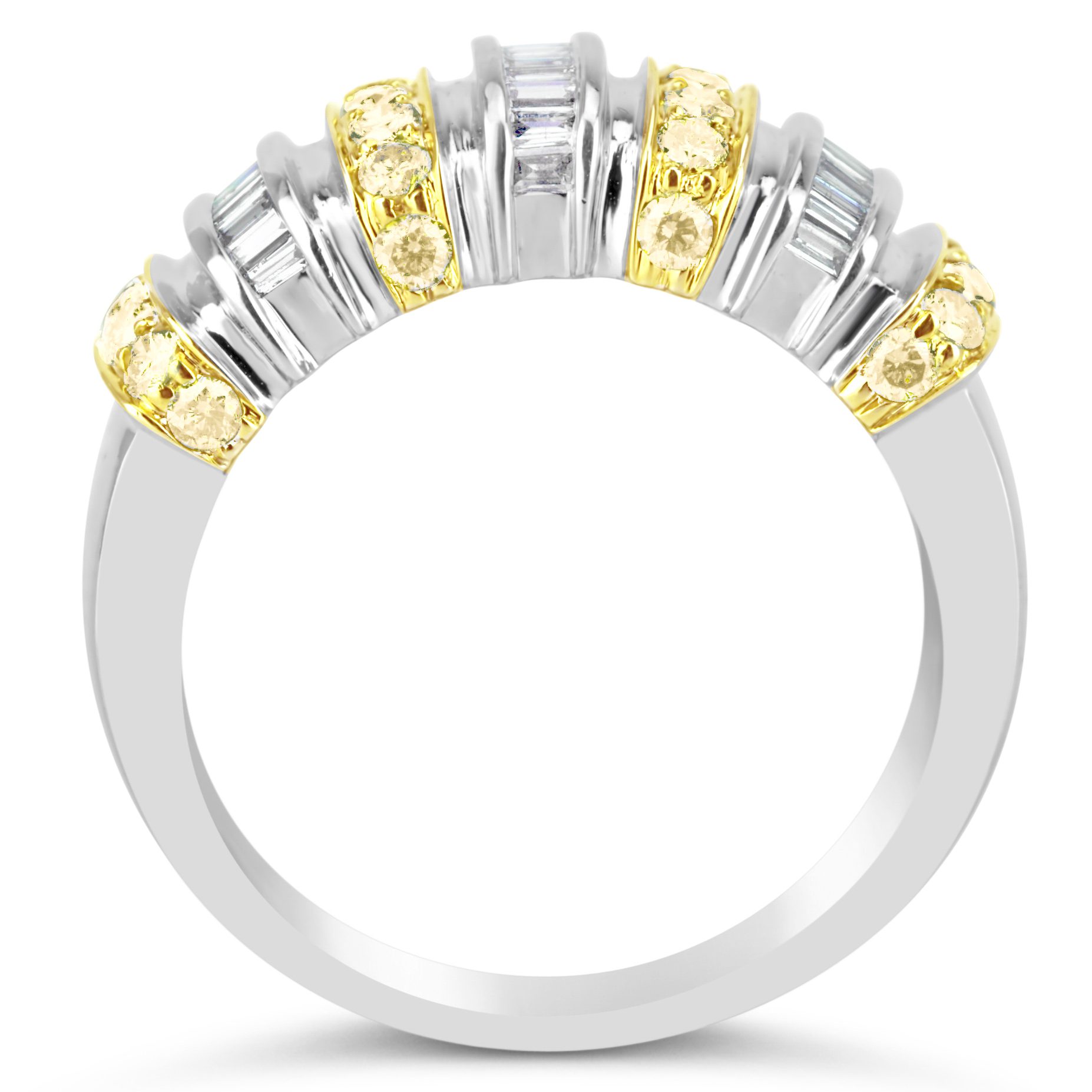 yellow diamond band with baguette diamonds in white and yellow gold