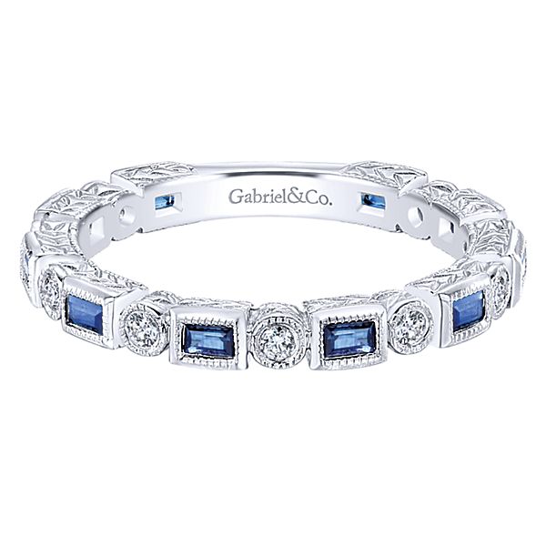 Frankie gabiel and co stackable wedding ring with rectangle sapphires round diamonds and engraving