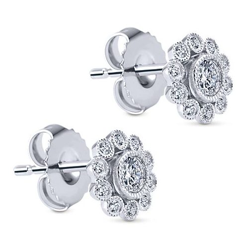 diamond flower stud earrings bezel milgrain set 14k white godl gabriel and co EG12865W45JJ-3