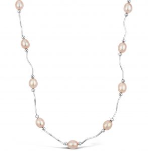 silver and pink freshwater pearl station necklace with adjustable closure and length
