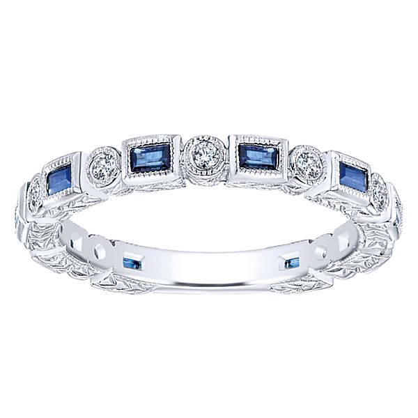 rectangle sapphire and round diamond engraved stacking wedding band white gold