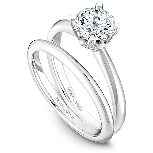 White Gold Solitaire with Diamond Covered Setting Engagement Ring & Wedding Band Set