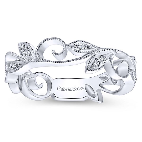 14k white gold diamond flower stackable ring wedding band gabriel and co LR4593K45JJ-2