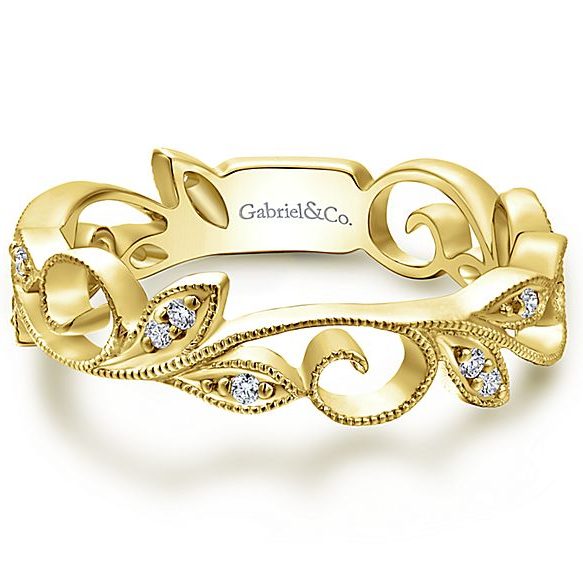 floral flower vine diamond 14k yellow gold gabriel and co stacking ring LR4593Y45JJ-4