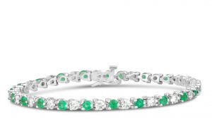 alternating round diamonds and round emeralds birthstone gem stone coloured stone may 14k white gold tennis bracelet