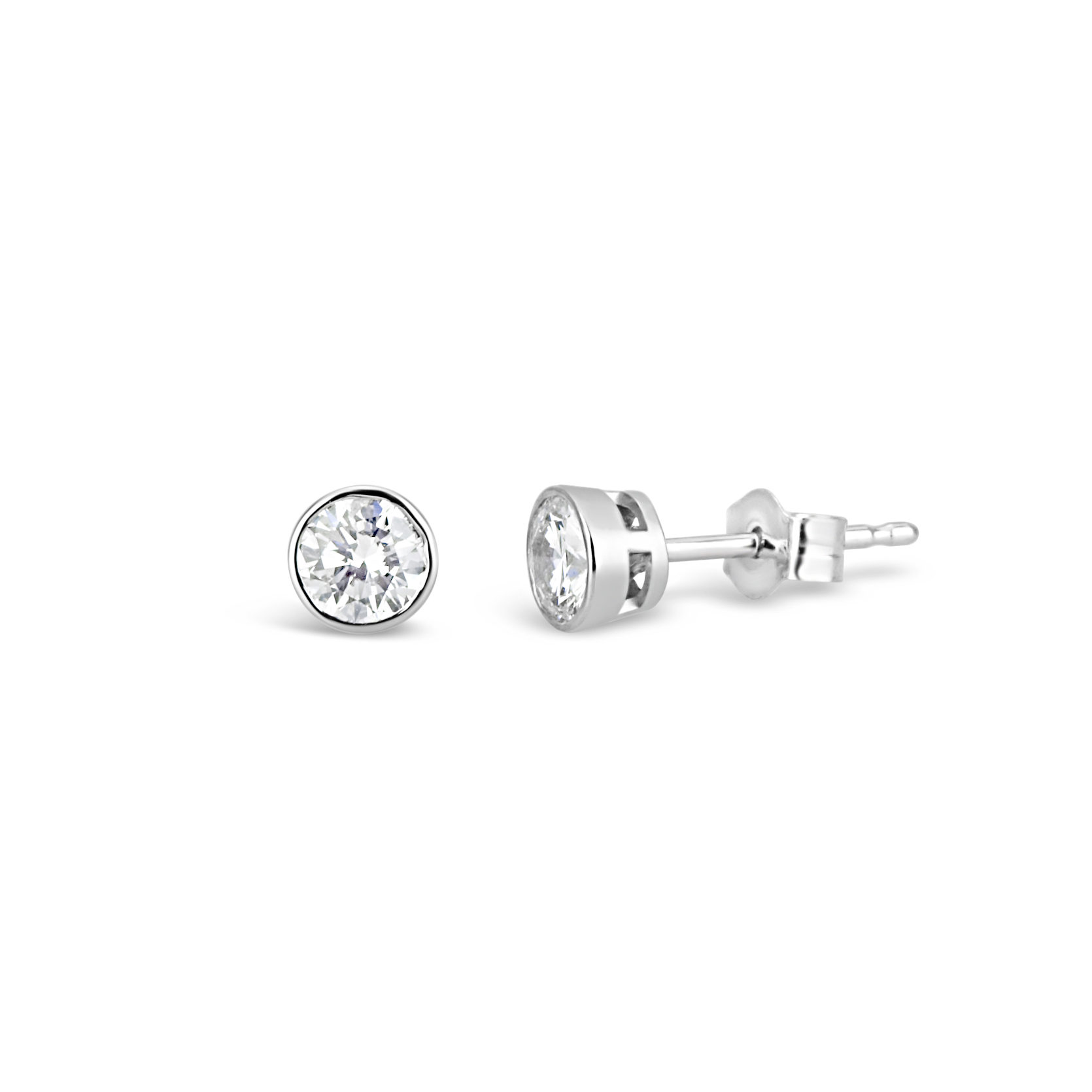 stud earrings 14k white gold bezel set diamond