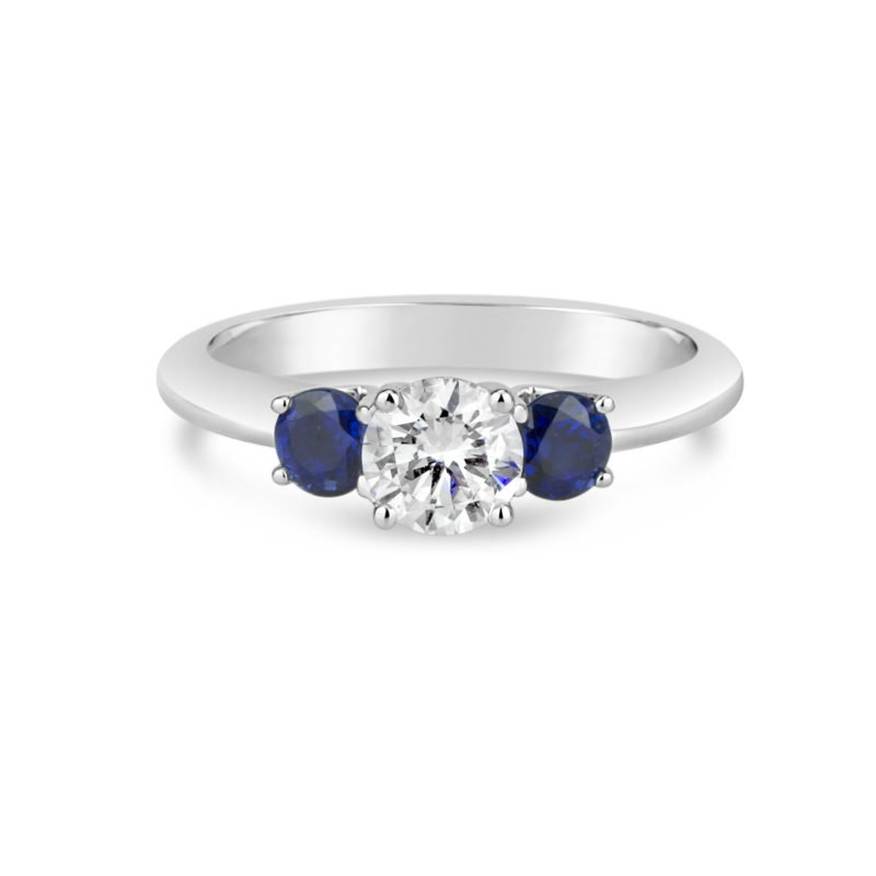 three stone trinity engagement ring 14k white gold blue sapphire and white diamond rg00095