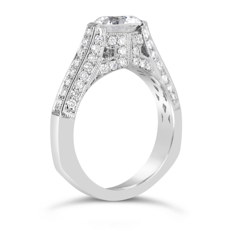 14k white gold diamond solitaire with diamond band and gallery antique details rg00151