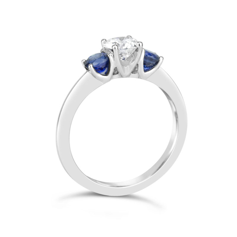 14k white gold blue sapphire and white diamond three stone engagement ring rg00095