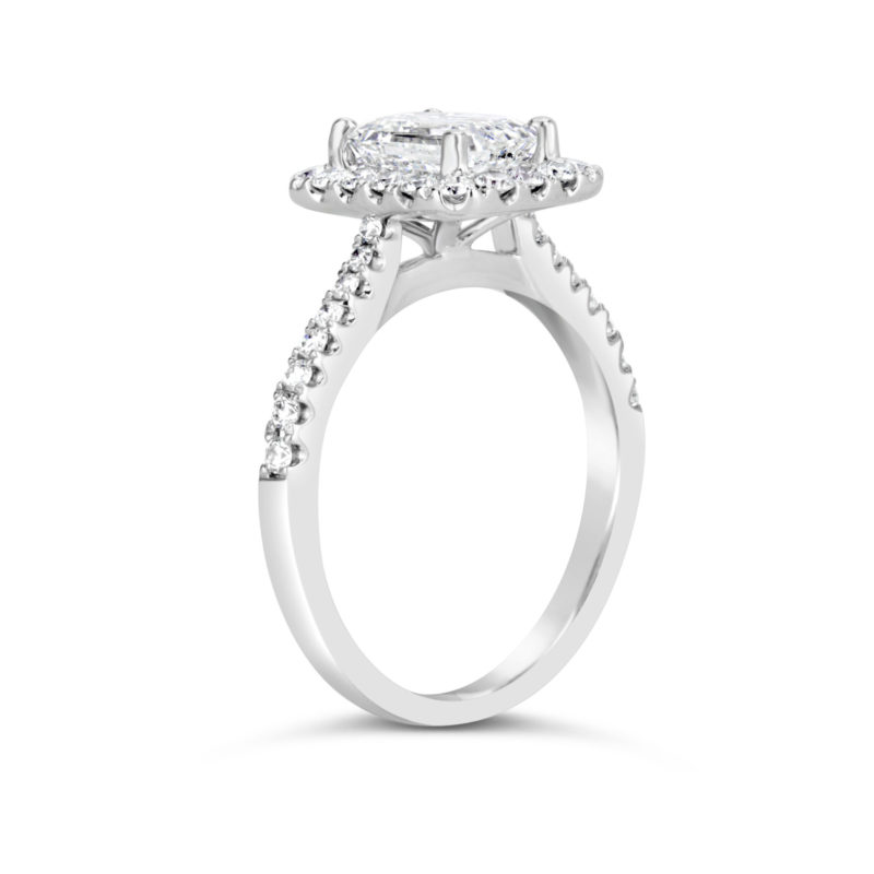 white gold emerald cut diamond halo engagement ring with diamond band rg00733