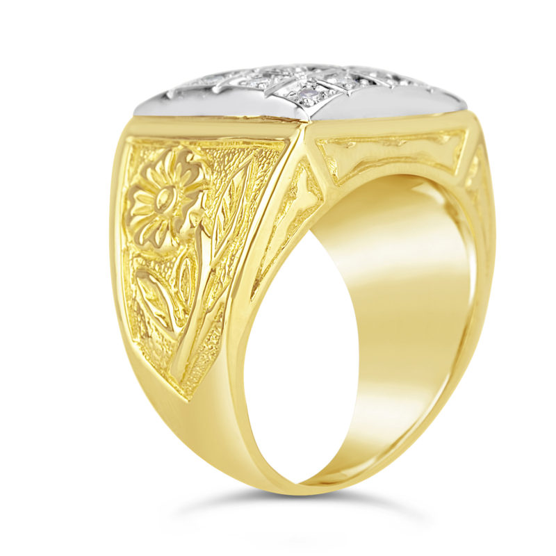 white and yellow gold mens gents large diamond statement ring with flower engraving details rg00702