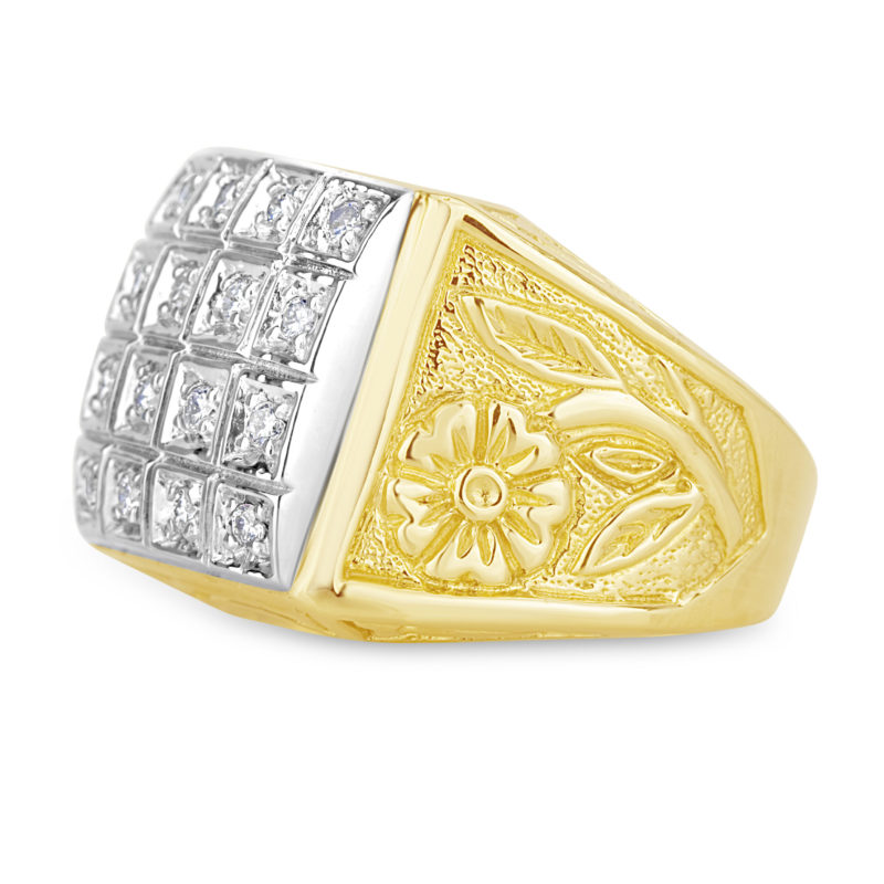 diamond statement ring white and yellow gold mens gents with flower engraving details
