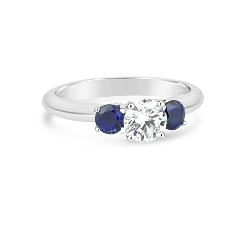 blue sapphire and white diamond three stone trinity engagement ring 14k white gold blue sapphire and white diamond rg00095