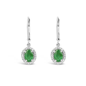 oval green emerald diamond halo drop earrings white gold