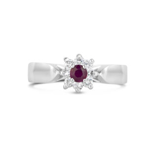 round red ruby ring white gold diamond halo cluster rg00401