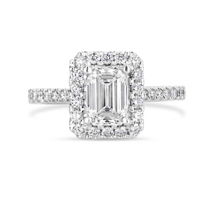emerald cut diamond halo engagement ring with diamond band white gold rg00733