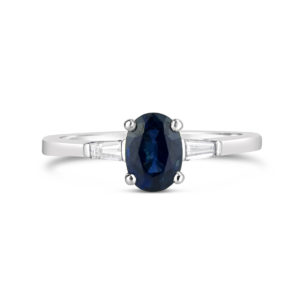 oval blue sapphire antique style white gold tapered baguette diamond engagement ring promise ring rg00783