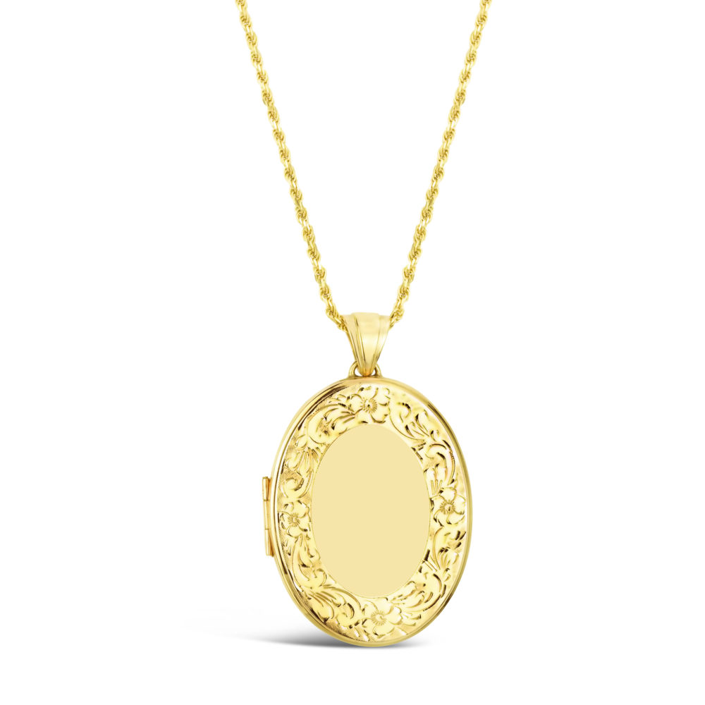 large locket pendant necklace 14k yellow gold floral engraved