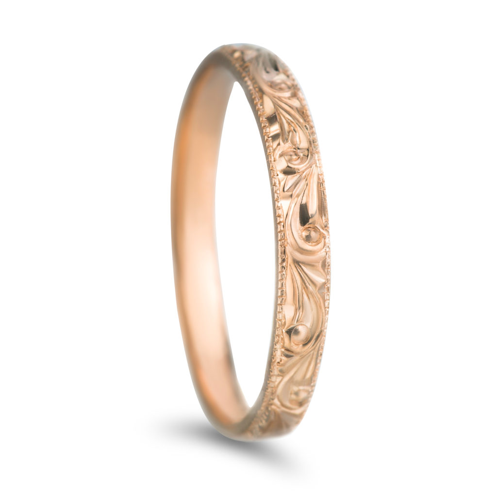14k rose gold hand engraved wedding band ring