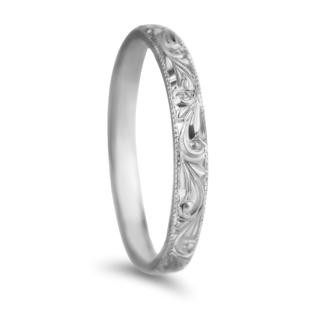 14k white gold hand engraved wedding band ring