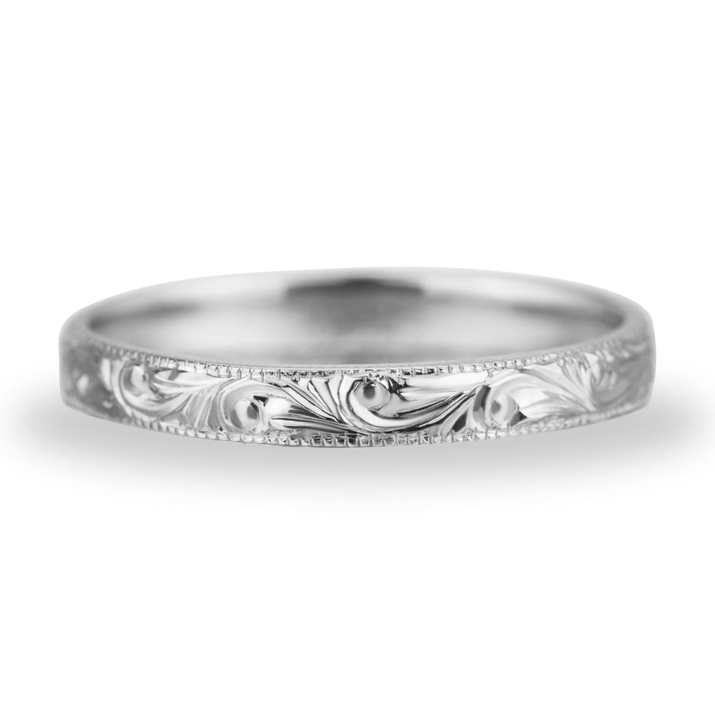 hand engraved wedding band ring 14k white gold