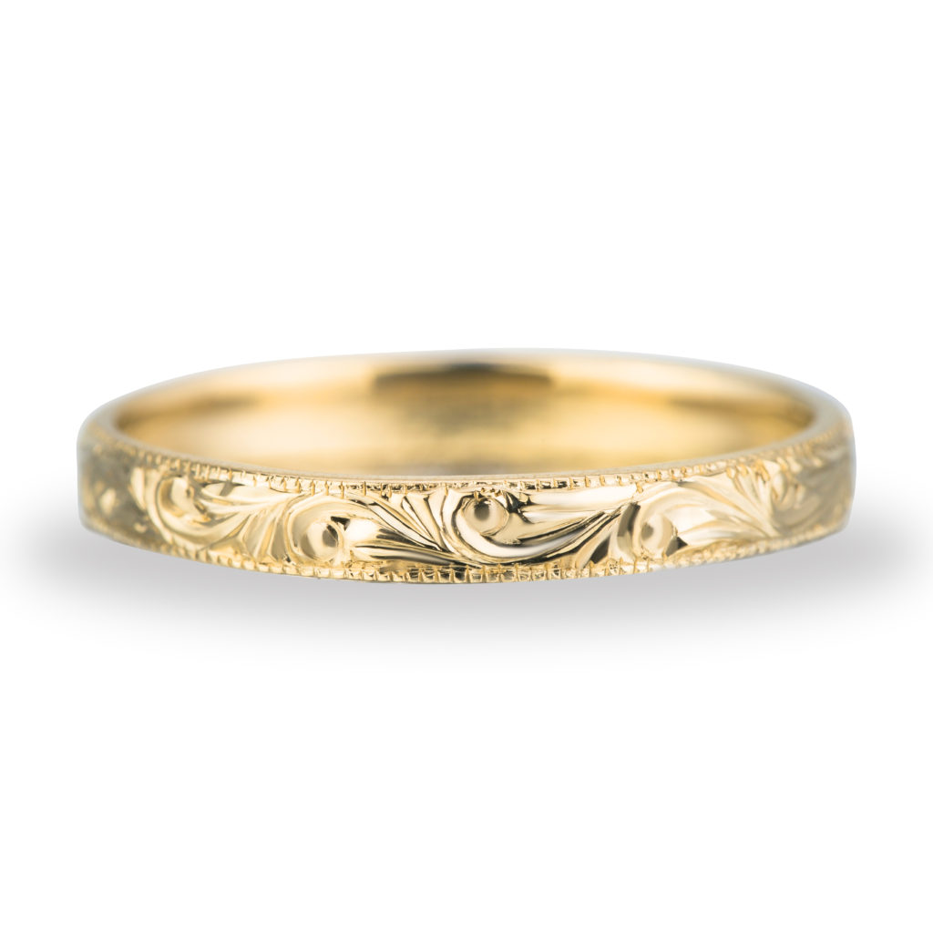 14k yellow gold hand engraved wedding band ring