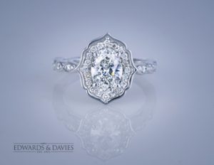 White gold engagement ring oval diamond engagement ring antique style diamond halo engagement ring