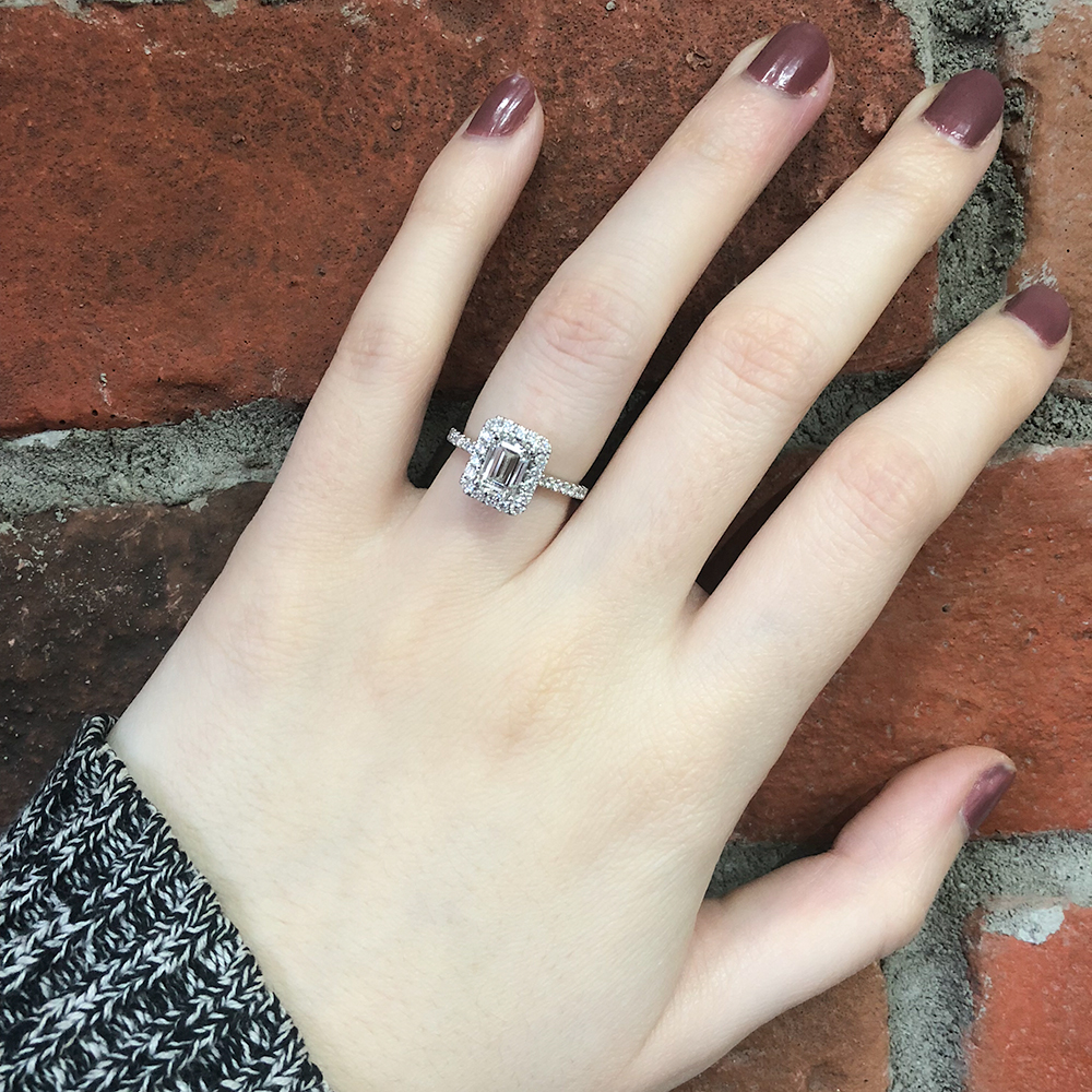 14k white gold engagement ring emerald cut diamond halo with diamond band