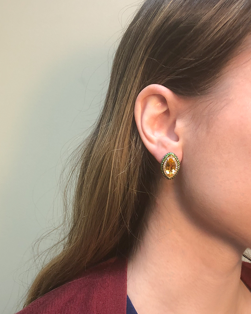 marquise shape yellow citrine, peridot, diamond, stud earrings