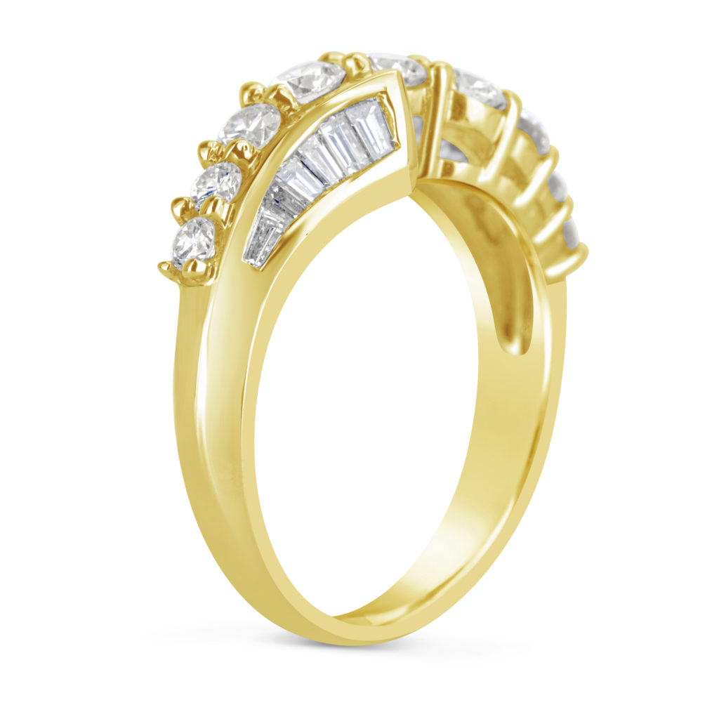 engagement ring anniversary ring diamond band 14k yellow gold round and baguette diamonds