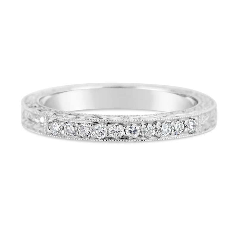 wedding band anniversary ring channel set ring 14k white gold diamond hand engraved