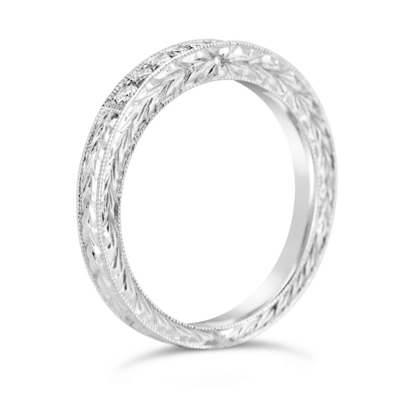 14k white gold diamond hand engraved wedding band anniversary ring channel set ring