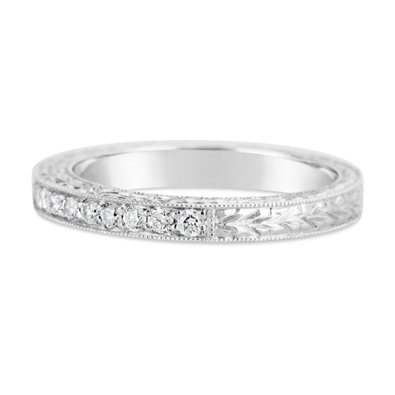 engraved channel set ring 14k white gold diamond wedding band anniversary ring