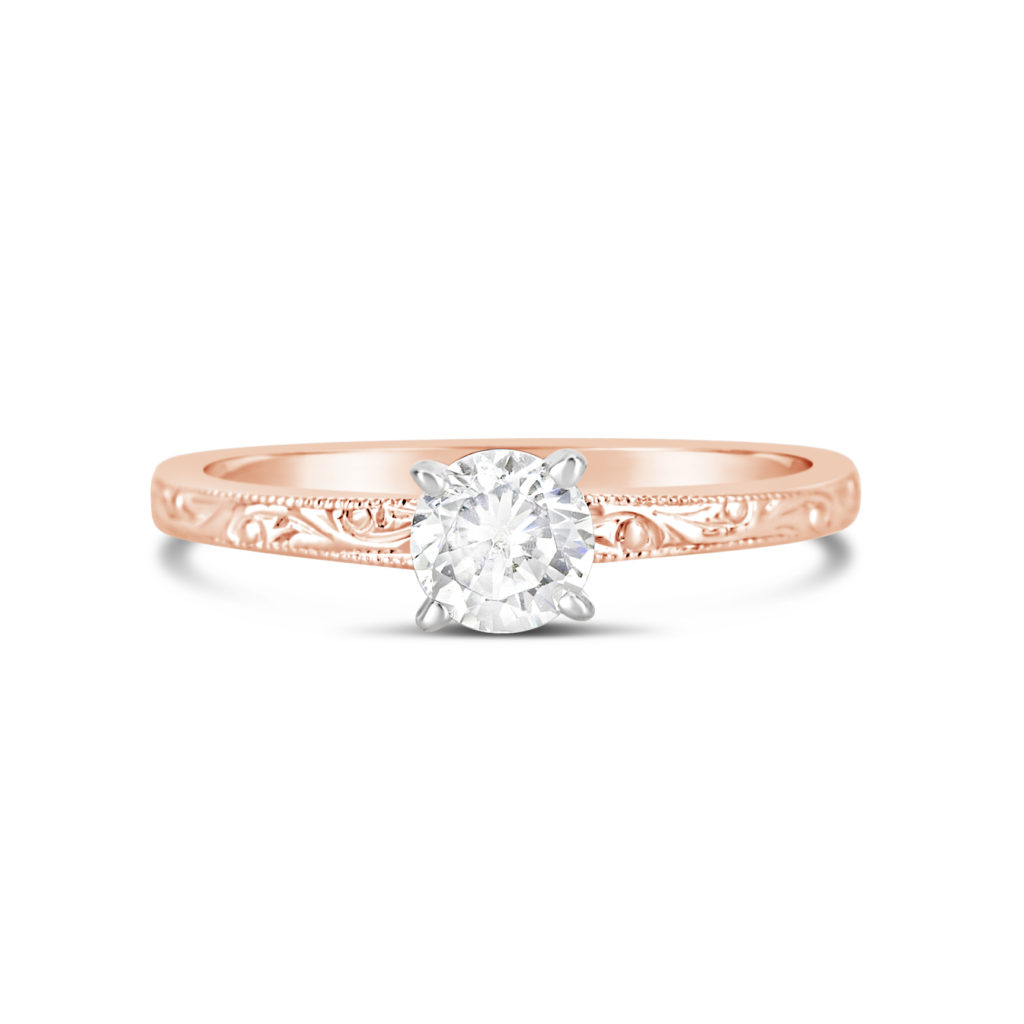 diamond solitaire ring rose gold diamond ring 14k rose gold hand engraved ring diamond and rose gold engagement ring