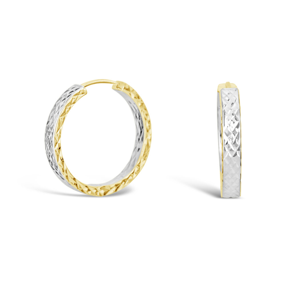 two tone gold hoop earrings yellow and white 10k gold hoop earrings yellow gold inside white gold outside hoop earrings diamond cut hoop earrings