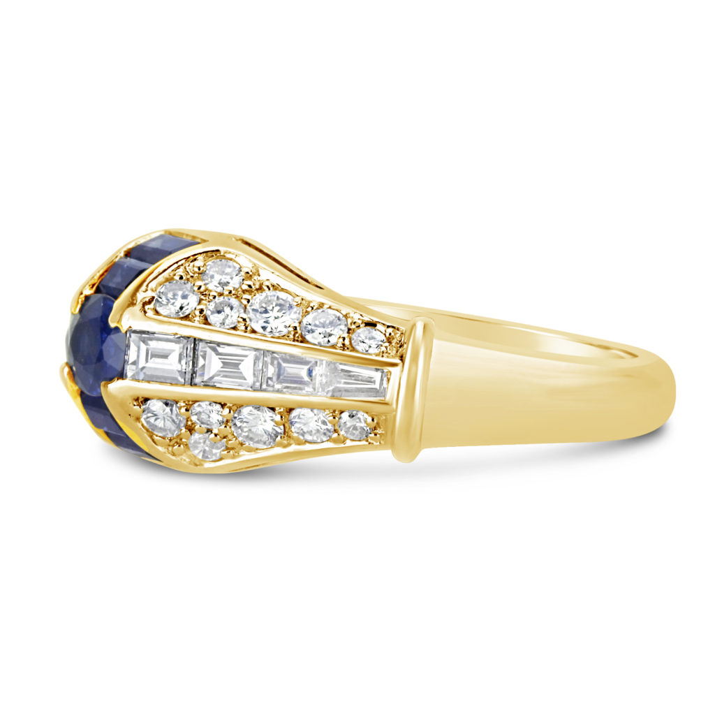 yellow gold statement ring blue sapphire and diamond