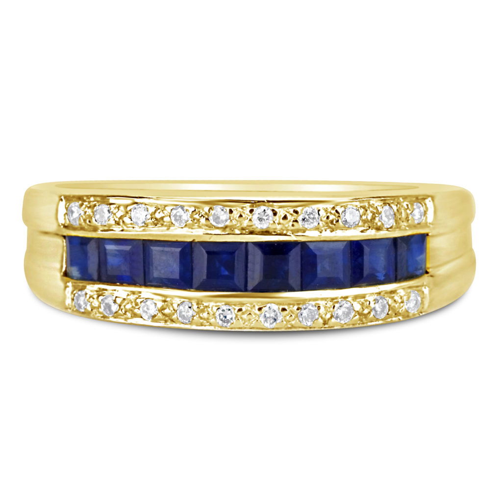 diamond blue sapphire ring in yellow gold band