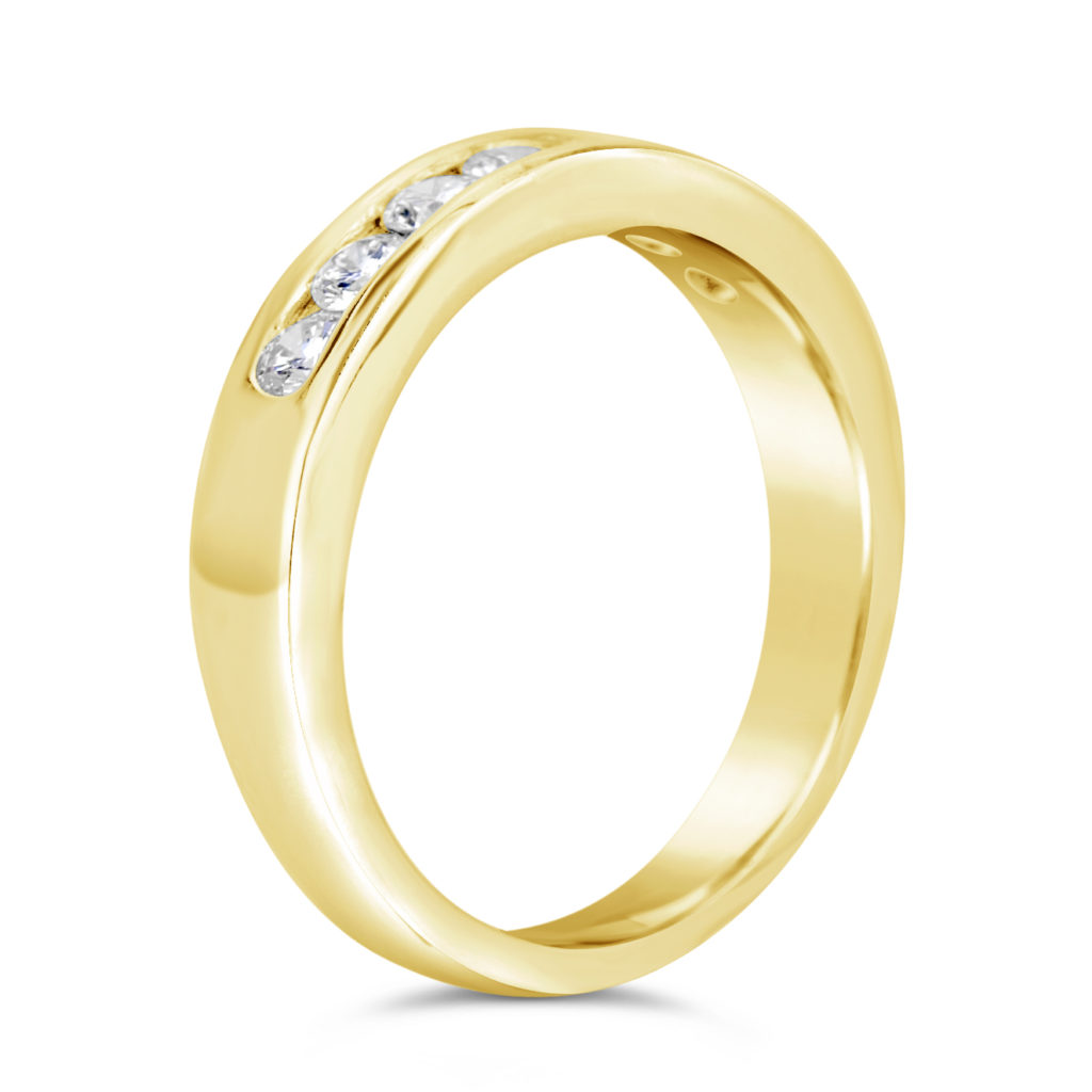 channel set diamonds in yellow gold ring wedding band