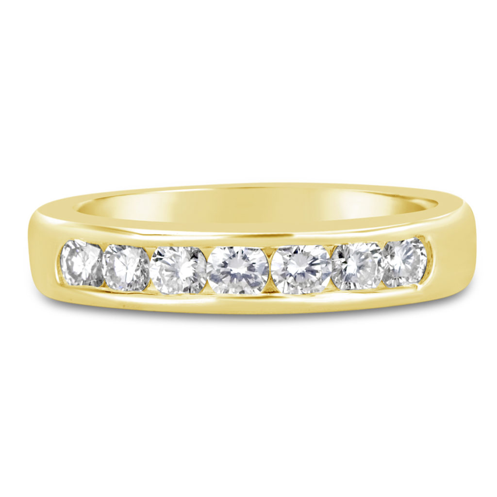 channel set diamonds in yellow gold ring wedding band