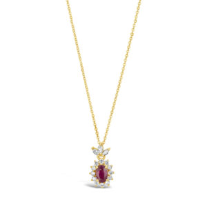 yellow gold chain necklace with ruby and diamond cluster halo pendant diamond ruby pendant oval ruby pendant