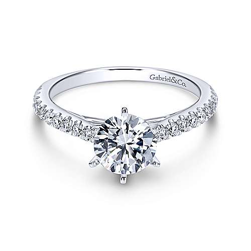 rg00904 14k white gold six claw solitaire engagement ring with diamond band