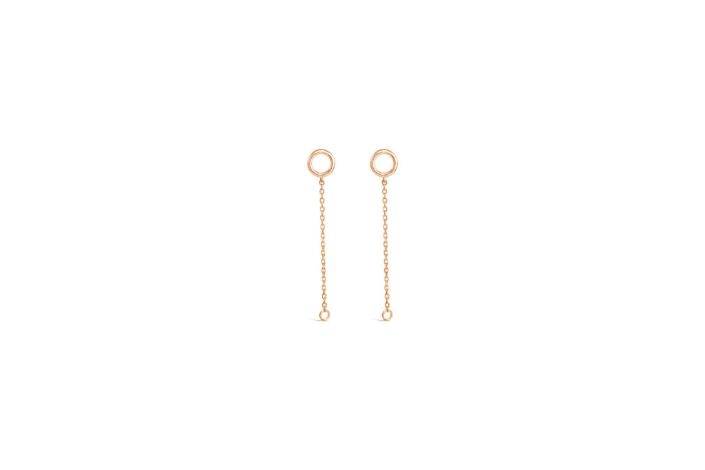 14k rose gold circle stud chain earrings